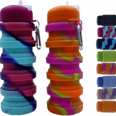 Collapsible Water Bottles 2 Pack 16oz(about 500ml), Travel Portable Sport Water Bottle, Silicone Foldable Water Bottles for Gym Camping Outdoor Hiking. (Orange Camouflage+Rose Red)