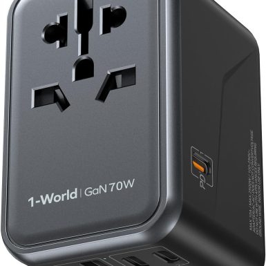 MOMAX Universal Travel Adapter, GaN 70W International Power Adapter, 3 USB-C PD Fast Charging & 2 USB-A QC, 1 AC, All-in-one International Plug Adapter for Travel European UK AUS JP